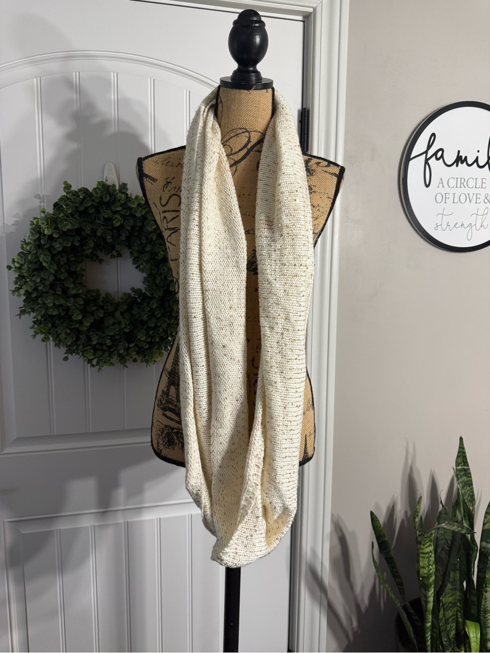 Calvin Klein Cream Knit Infinity Scarf with Gold Threading
